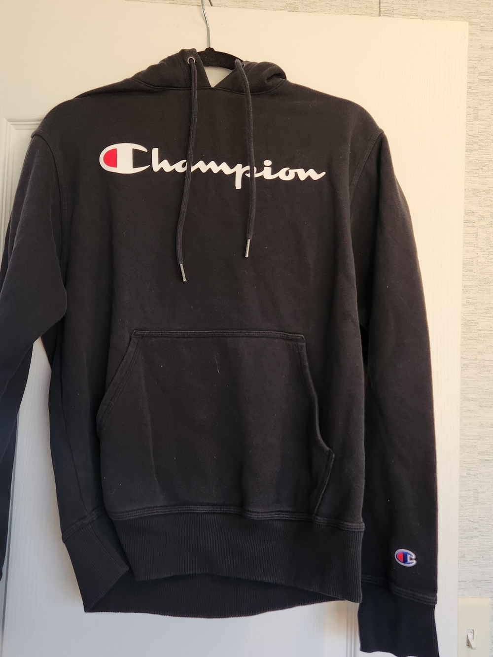 Champion Black Hoodie with Script Logo S Euc